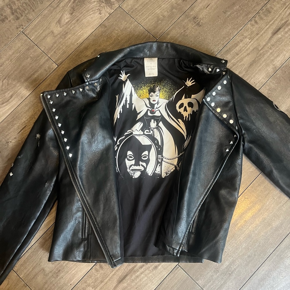 Disney Black Studded Faux Leather Bomber Jacket with Graphic Lining